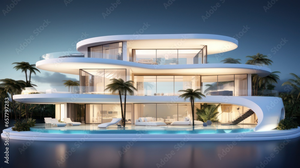 Poster luxurious modern residence with a pool and palm trees created with generative ai