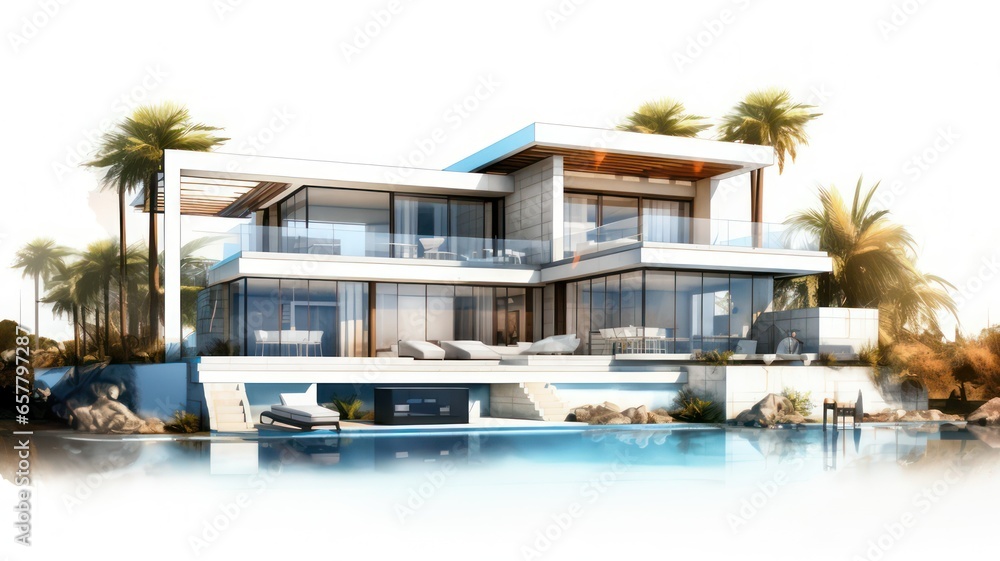 Poster Luxurious modern residence with a pool and palm trees created with Generative AI