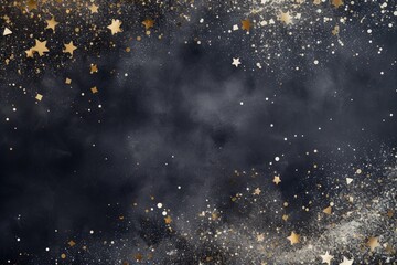Abstract festive dark background with gold stars and glitter. New year, birthday, holidays celebration.