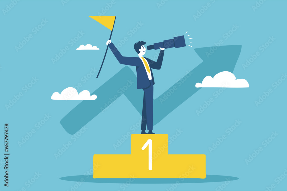 Wall mural a businessman standing on a telescopic award podium sets the direction of the company's investment t