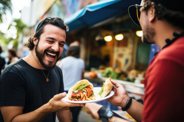 A chef gives a taco to a man at a street food market