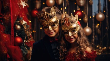 Happy children at a Christmas masquerade party - obrazy, fototapety, plakaty
