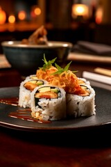 a plate of shrimp tempura roll, showcasing the crispy tempura-battered shrimp nestled within a roll of sushi rice and nori