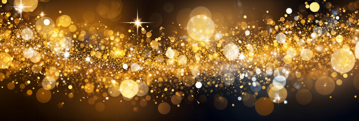 Abstract gold sparkles and glitter with stars on black background, christmas lights and new year copyspace,