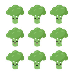 Cute broccoli character. Cartoon broccoli emoji icon set. Vector illustration