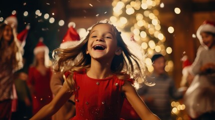 Children dance at Christmas party in lights. Happy childhood. - obrazy, fototapety, plakaty