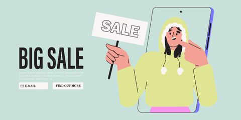 Special offer, promotion, big seasonal sale or discount vector character illustration concept for banner, web or landing page. Woman hold banner or placard with sale or black Friday announcement.