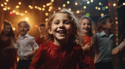 Children dance at Christmas party in lights. Happy childhood.