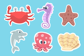 Set of creatures under sea in cartoon style vector