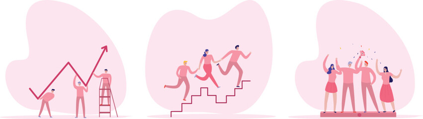 Business teamwork set. Character trying to achieve goals and other  activity to successfully achieving goals to self improving.