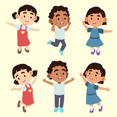 Set of Happy multiethnic preschool girls standing in different action