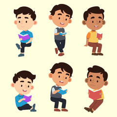 Set of lovely boys reading book with various action