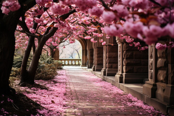 Petal-covered cobblestone pathway under pink sakura  blossoms. Cherry Blossom Canopy over Cobblestone Path