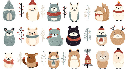 Christmas animals set, flat vector illustration, hand drawn style, bears, rabbits, sloths, penguins, owls and others. Cute design animals for postcard, greeting card, Christmas card. White background.