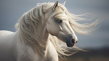 Naklejka na ściany i meble Magnificent white stallion horse roaming wild and free on the prairie plains with long blonde mane hair blowing in the wind at sunset.