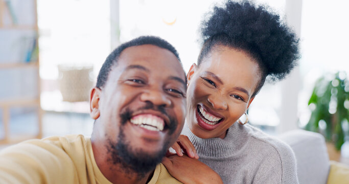 African couple, selfie and sofa with smile, hug and post on web blog, love and bonding in home. Black woman, man and photography for happy memory, profile picture and romance on social media in house