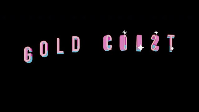 Bright letters jump merrily in the inscription GOLD COAST city. Retro. Alpha channel black. Looped from frame 120 to 240, Alpha BW at the end