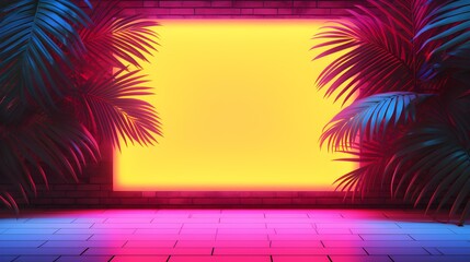 Yellow Neon Square surrounded by Tropical Leaves. Exotic Backdrop with Copy Space