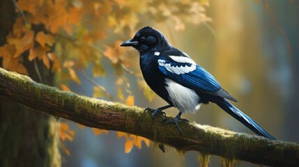 Eurasian magpie on a tree branch in the forest.upfron.Generative AI