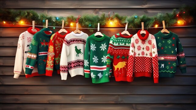 Flat lay of colorful National Ugly Christmas Sweater Day decorations on a wooden table