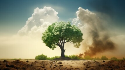 Fototapeta premium Contrasting images of a thriving, verdant Earth and the detrimental effects of human-induced air pollution. Depicting the stark difference between a lush, green landscape with healthy trees