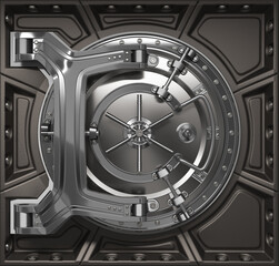 Round steel door of a bank vault. 3d illustration