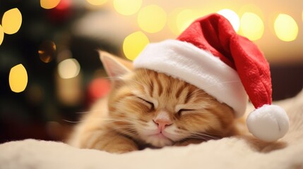 Fototapeta na wymiar Cute cat in Santa Claus hat against blurred Christmas lights