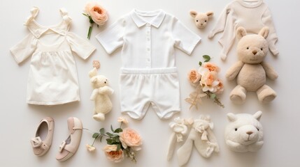Flay lay of baby clothers and accessories. Top view