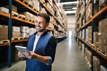 Smiling and laughing Caucasian salesman in a hardware warehouse stands and checks deliveries on his tablet