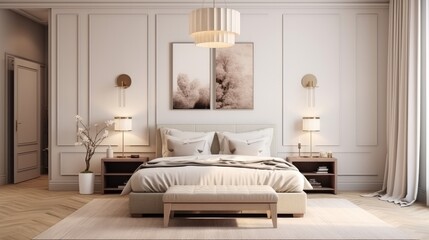 A 3D-rendered beige bedroom interior featuring a bed with wicker chandeliers suspended over bamboo bedside tables. There are two windows on either side of the room