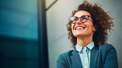 portrait of a smiling young woman wearing glasses looking to the side
