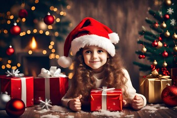 Fototapeta na wymiar Happy small girl in Santa s hat with present has a Christmas 