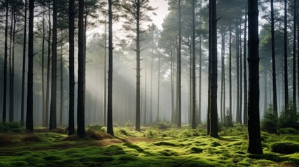 Fototapeta na wymiar Lush green forest with towering trees and the ethereal presence of smoke and mist, all under the warm sunlight, creates a captivating scene in the Azores, Portugal.