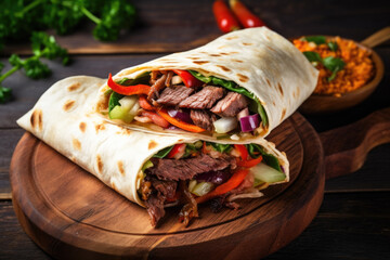 Mexican tortilla wrap sandwich with beef, vegetables and spices on a rustic wooden board  - obrazy, fototapety, plakaty