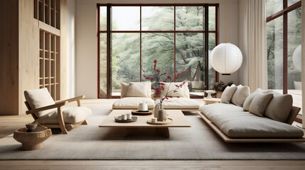 Fototapeta na wymiar Japandi-style living room Design. Generative AI.