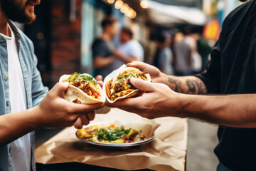 A chef gives a taco to a man at a street food market - obrazy, fototapety, plakaty