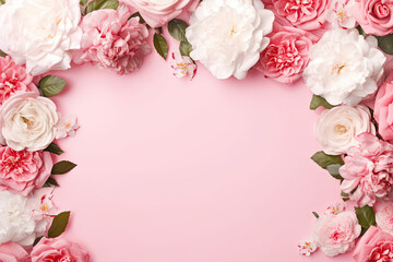 Obraz na płótnie Canvas Elegant Roses and Peonies floral Frame on Soft Pink Background