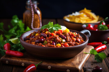 Chili con carne with beef, vegetables and spices in a clay bowl on a wooden background, traditional dish of Mexican cuisine.