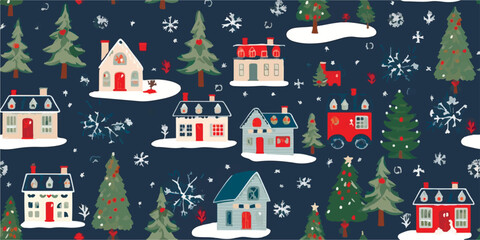 Christmas seamless pattern with Christmas houses, holiday, Christmas trees, vector pattern for wrapping paper, wallpaper, textile, fabric