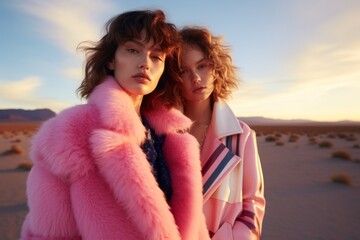 Two beautiful women in fur-lined pink coats stand together in the desert, silhouetted against a brilliant sunrise sky, encapsulating the wildness and freedom of the season
