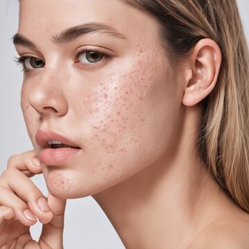 close up portrait of a woman with acne om face