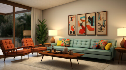 Mid-Century style livingroom Design. Generative AI.