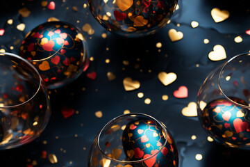Obraz premium A seamless pattern of heart-shaped confetti and sparkling champagne glasses, ideal for St. Valentine's Day, seamless pattern texture