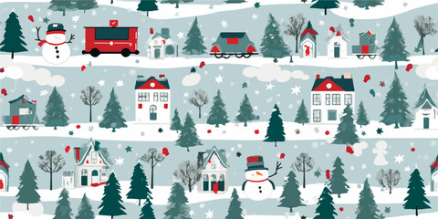 Christmas seamless pattern with Christmas houses, holiday, Christmas trees, vector pattern for wrapping paper, wallpaper, textile, fabric - obrazy, fototapety, plakaty