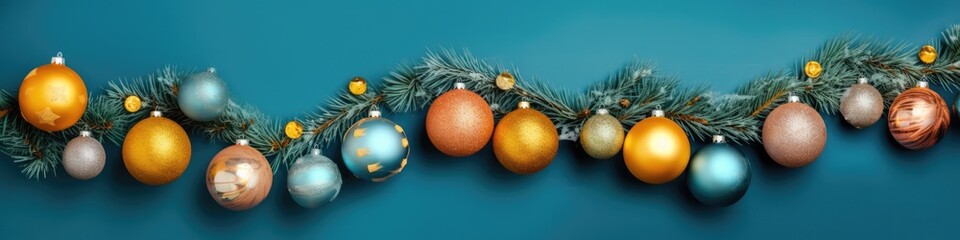 Obraz na płótnie Canvas Garland of Christmas tree balls on a colored background. banner. 
