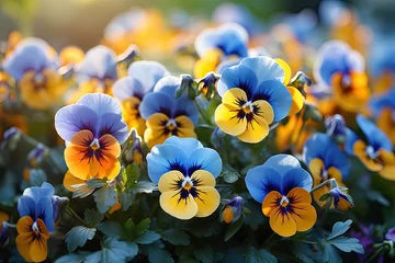 Foto op Plexiglas Sunlit pansy flowers showcasing vibrant blue and yellow hues. Vivid Pansies in spring Sunlight.  © nnattalli