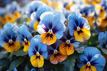 Outdoor-Kissen Sunlit pansy flowers showcasing vibrant blue and yellow hues. Vivid Pansies in Sunlight.  © nnattalli