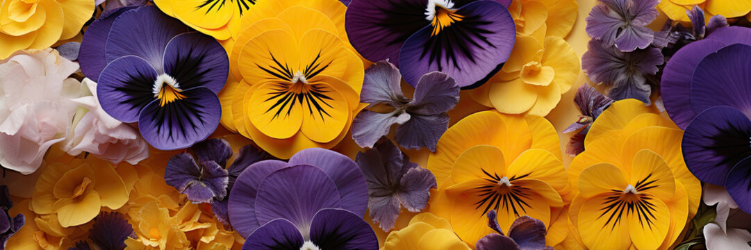 Assorted Pansies in Shades of Purple and Yellow, banner