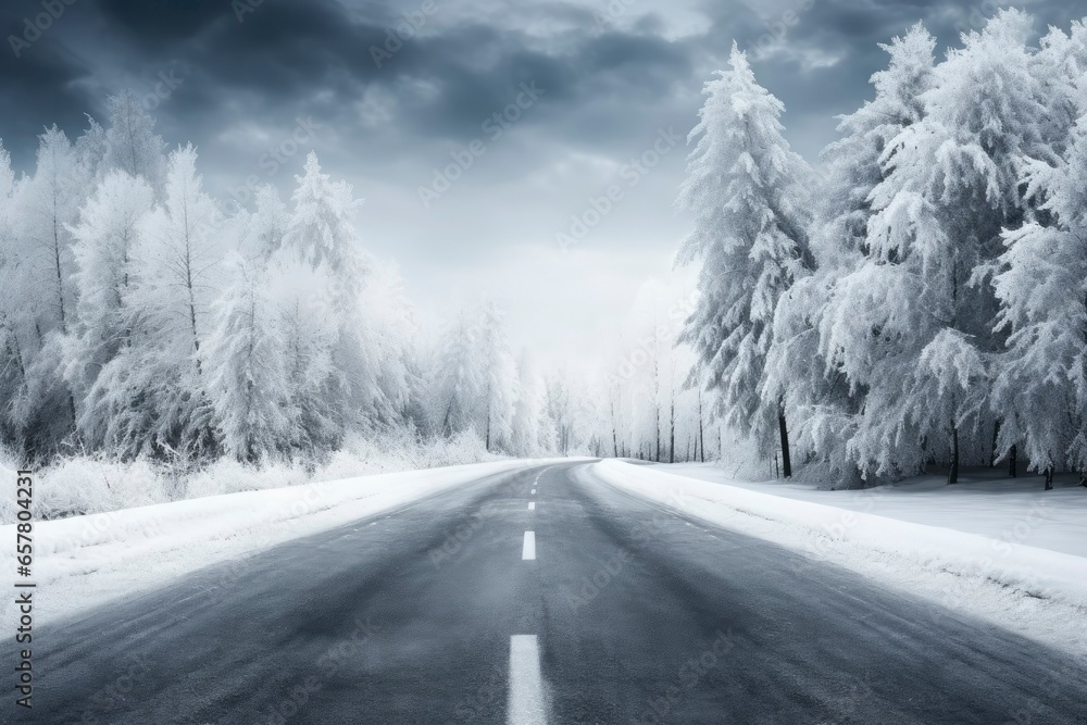 Wall mural asphalt concrete road with winter forest