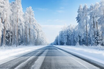 Fototapeta na wymiar Asphalt concrete road with winter forest